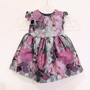 Mothercare Floral Gray Purple Pink Taffeta Dress Fully Lined Size 12-18 Months